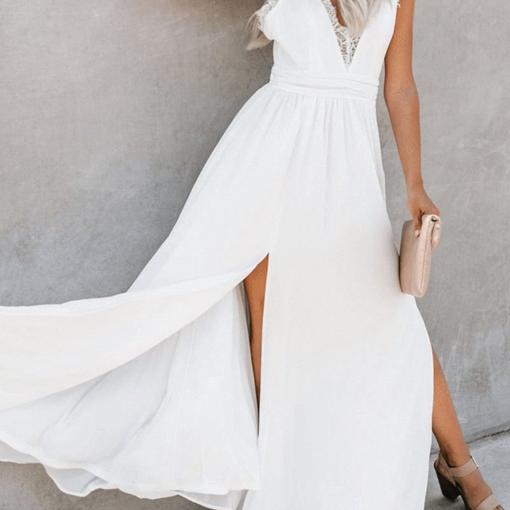 White Lace Slit Maxi Dress - Picture 4 of 8